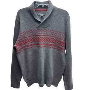 Eddie Bauer Med M Gray Red Fair Isle Shawl Collar Wool Blend Winter Sweater